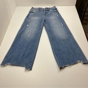 Risen High-Rise Frayed Hem Wide Leg Jeans in Medium Blue